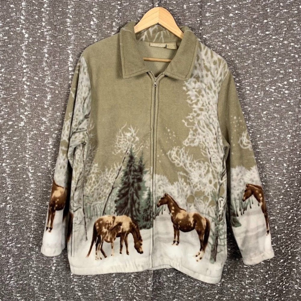Vintage Fashion Classics Fleece Full Zip Jacket Horses‎ Cottagecore Women's XL